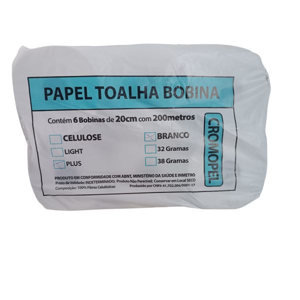 Papel Toalha Bobina 6 Rolos de 200M Branco Plus Azul Cromopel